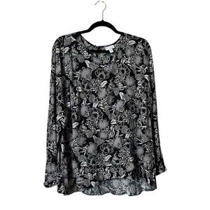 J. Jill Black & White Tropical Floral Hi-Lo Long Sleeve Popover Blouse, LP